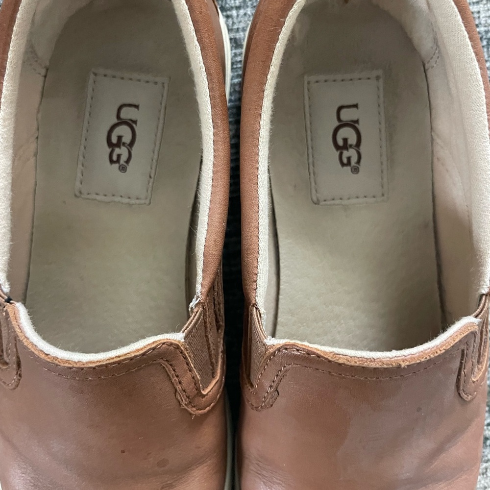 UGG camel colored leather slip on shoes